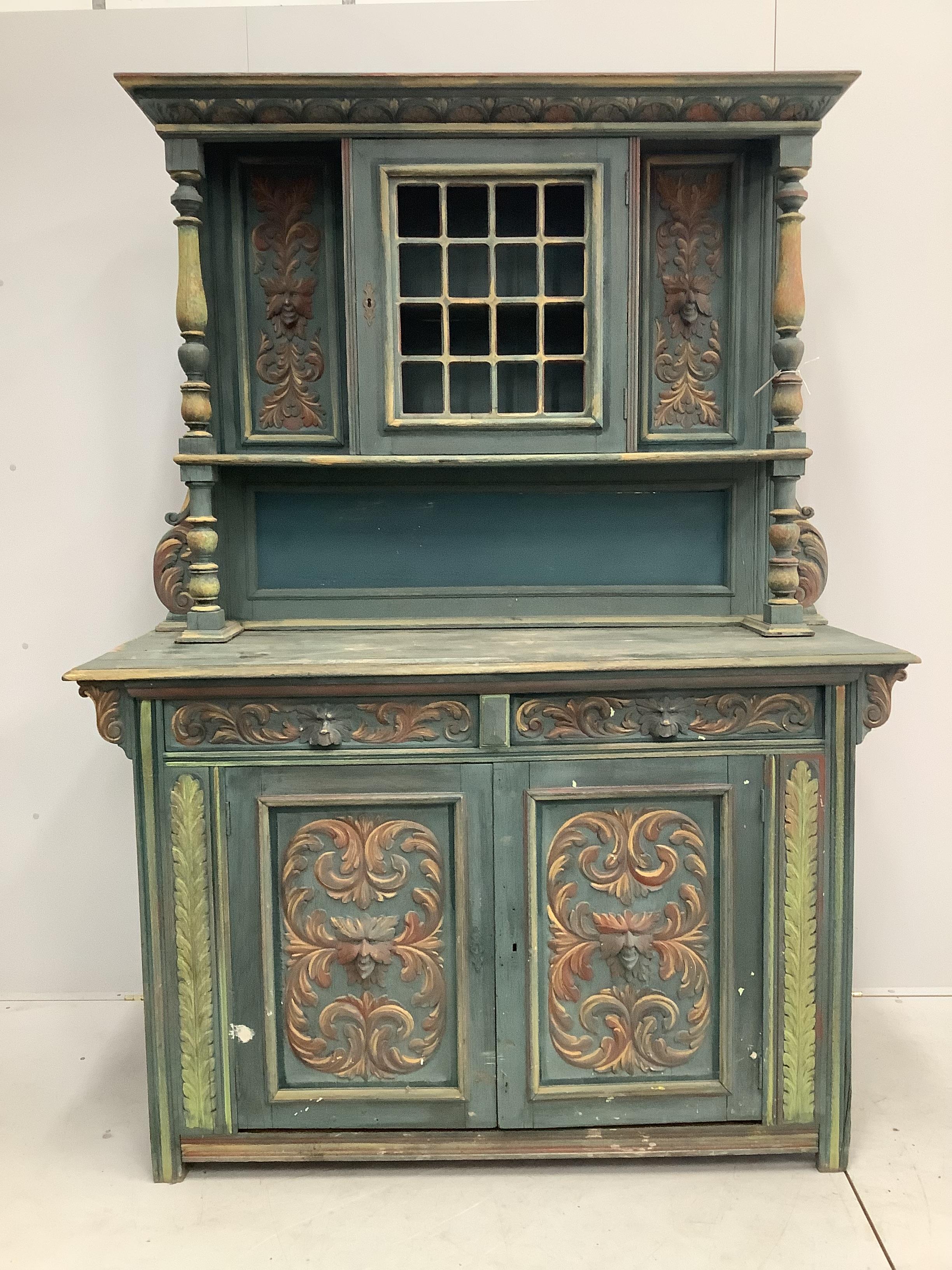 A Flemish oak side cabinet, later painted, width 151cm, depth 55cm, height 206cm